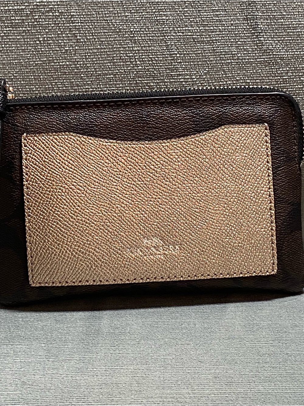 Coach Signature Two-Tone Brown Leather Zip Wristlet with Gold Metallic Pocket - Picture 3 of 14